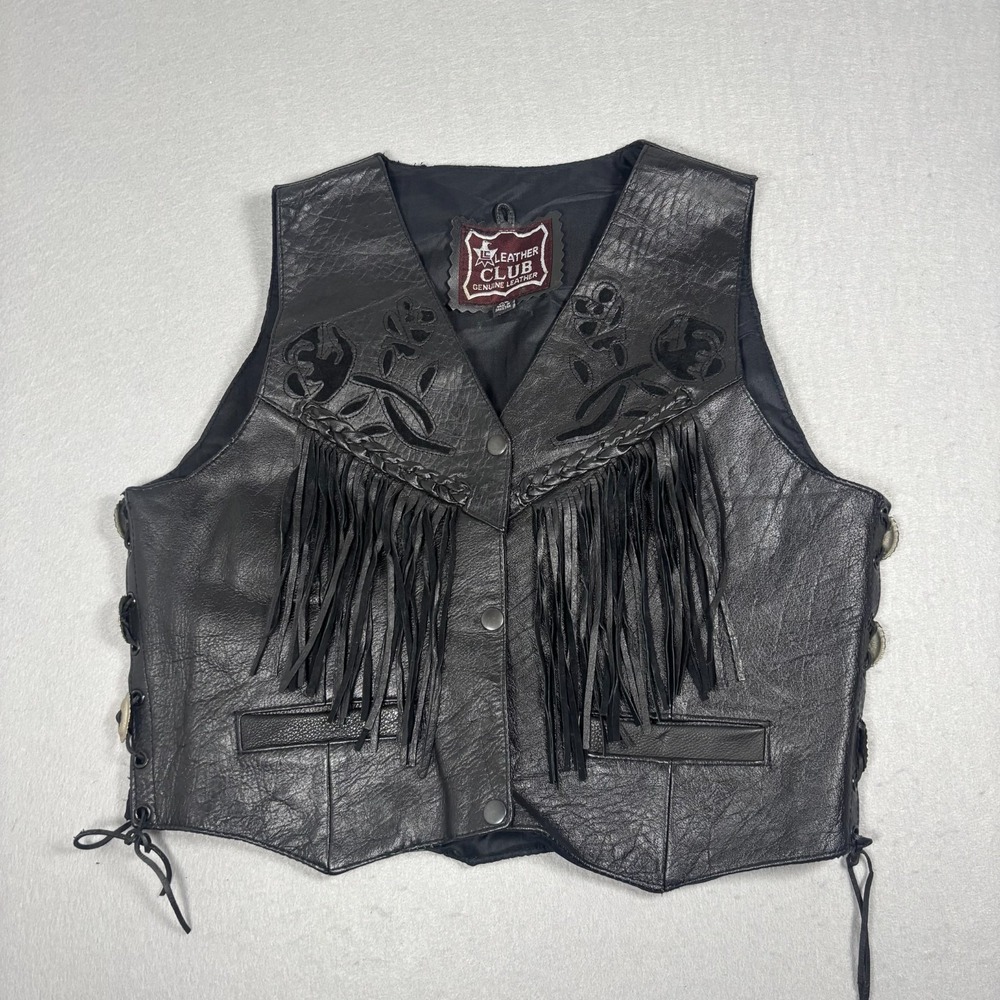 Vintage Leather Club Black Fringe Vest Womens XL Cowgirl Western Rose Festival